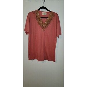 Areo Womens Coral Fringe Button Trim V-Neck Top Sz M Boho Ethnic Style USA Arsty